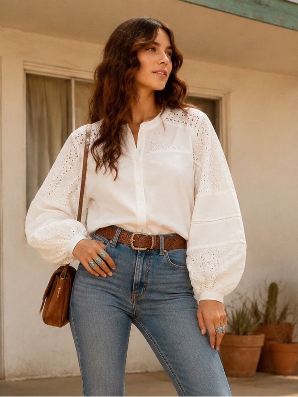 Express White Eyelet Lace Balloon Sleeve Button Front Blouse Medium
